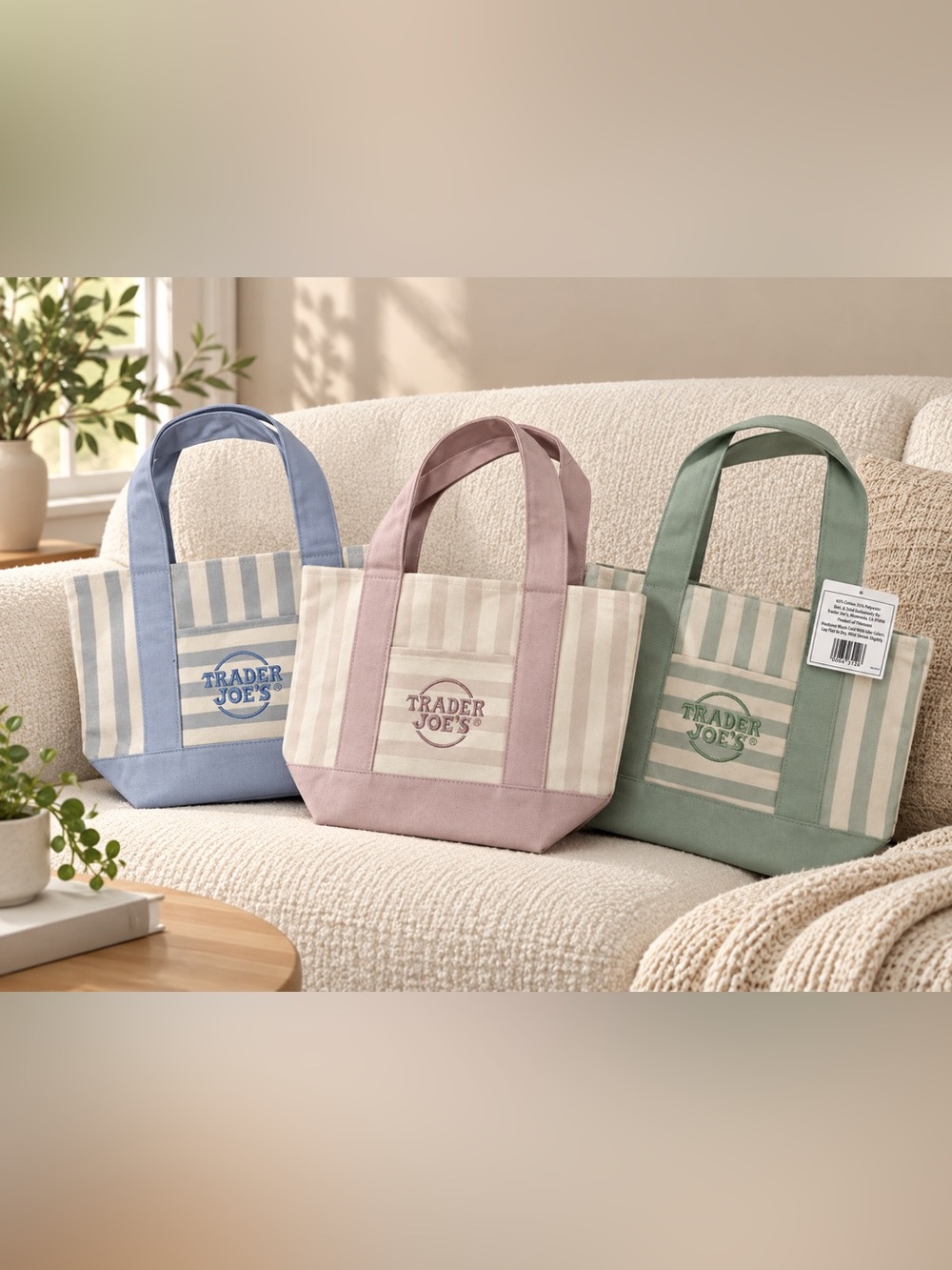 Trader Joe’s Mini Canvas Tote Bags Set of 3 Pastel Stripe New With Tags